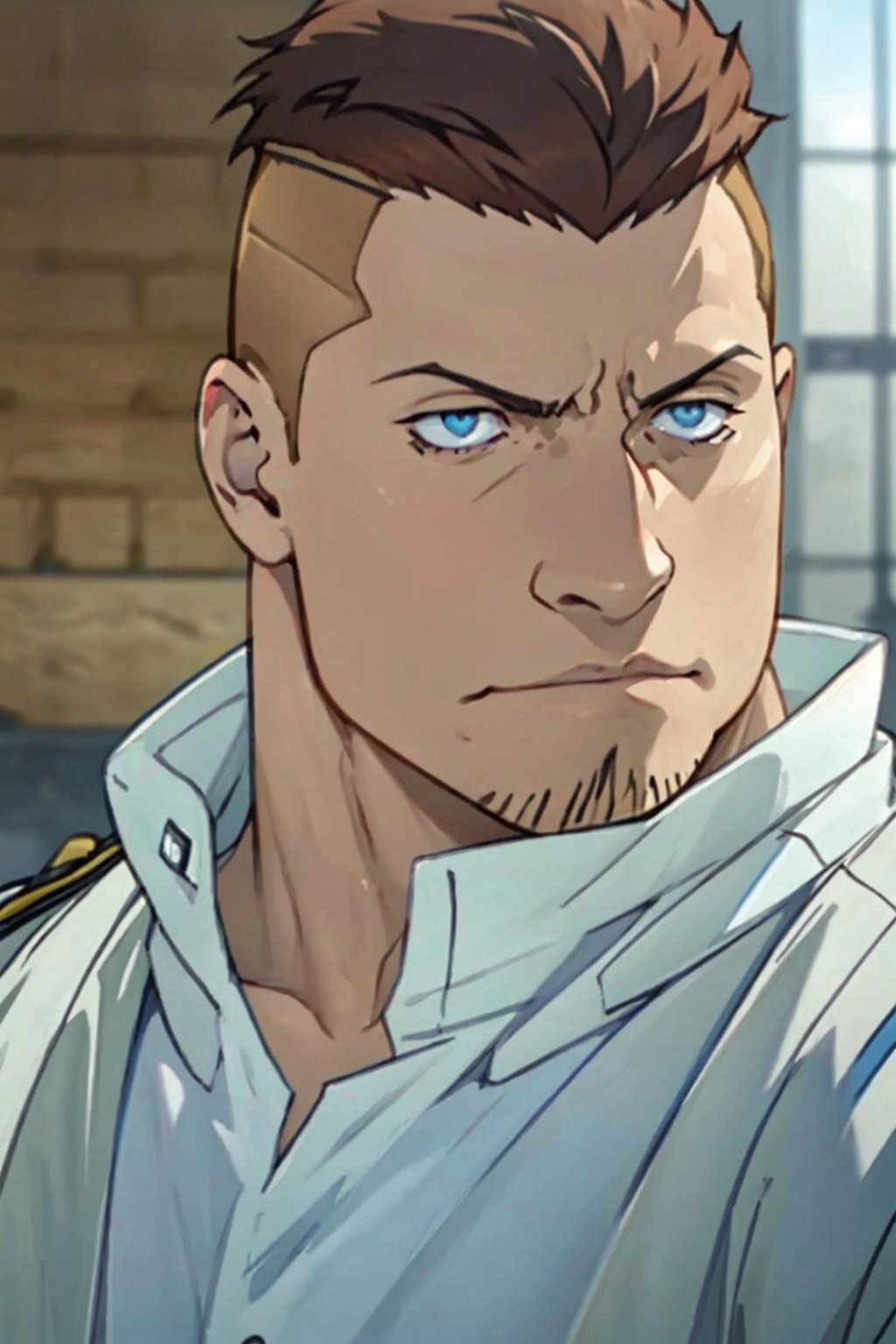 (1 image only), solo male, 1boy, Heymans Breda, Fullmetal Alchemist, anime, 2D, blue eyes, brown hair, short hair, high fade, stubble, handsome, chubby, open blue military uniform, white shirt, masculine, confidence, charming, alluring, upper body in frame, perfect anatomy, perfect proportions, 8k, HQ, (best quality:1.2, hyperrealistic:1.2, photorealistic:1.2, masterpiece:1.3, madly detailed photo:1.2), (hyper-realistic lifelike texture:1.2, realistic eyes:1.2), high_resolution, perfect eye pupil, dutch angle
