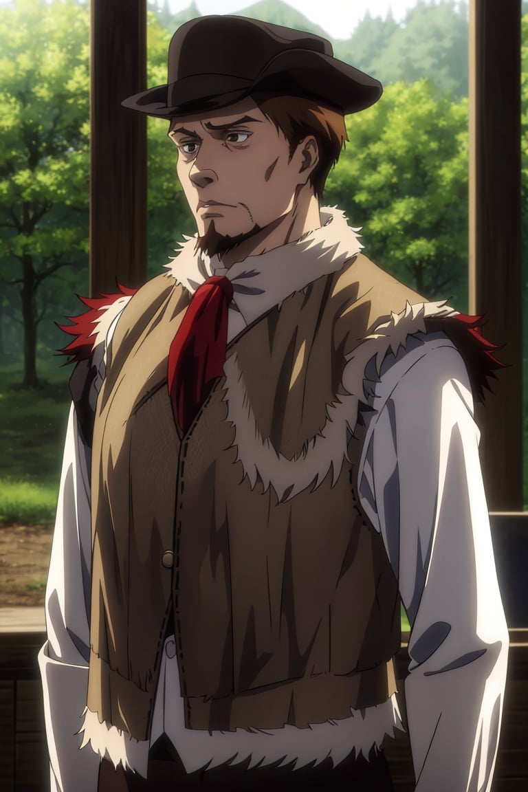 solo male, Artur Braus, Attack on Titan Anime style, hunter, shaggy brown hair, hair slicked back, brown eyes, sideburns, beard, thin goatee, white shirt, (single vest), (brown fur trim vest, close vest:1.9), long sleeves, (loose red cravat:1.9), black pants, hat, middle-age, mature, handsome, charming, alluring, standing, upper body, perfect anatomy, perfect proportions, best quality, masterpiece, high_resolution, dutch angle, cowboy shot, photo background, forest
