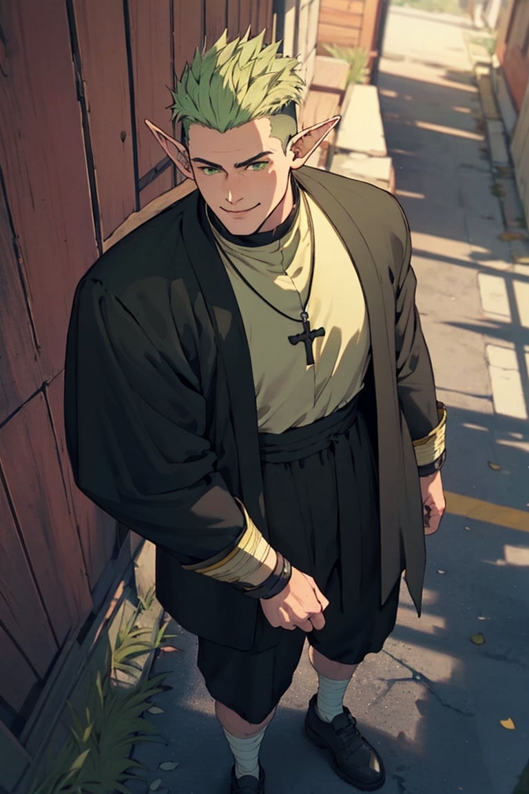 solo male, Kraft\(Frieren: Beyond Journey's End\), elf, masculine, manly, smile, (olive green hair, multicolored hair), short hair, undercut, green eyes, pointed ears, BREAK (above-knee-length-cassock, black coat with yellow-cuff-trim:1.3), (cassock above knee:1.5), button up cassock, (wide black pants), (cream-colored-clergy-stole:1.2), (white puttee, bandage), shoes, necklace, mature, handsome, charming, alluring, standing, upper body, perfect anatomy, perfect proportions, best quality, masterpiece, high_resolution, dutch angle, cowboy shot, photo background