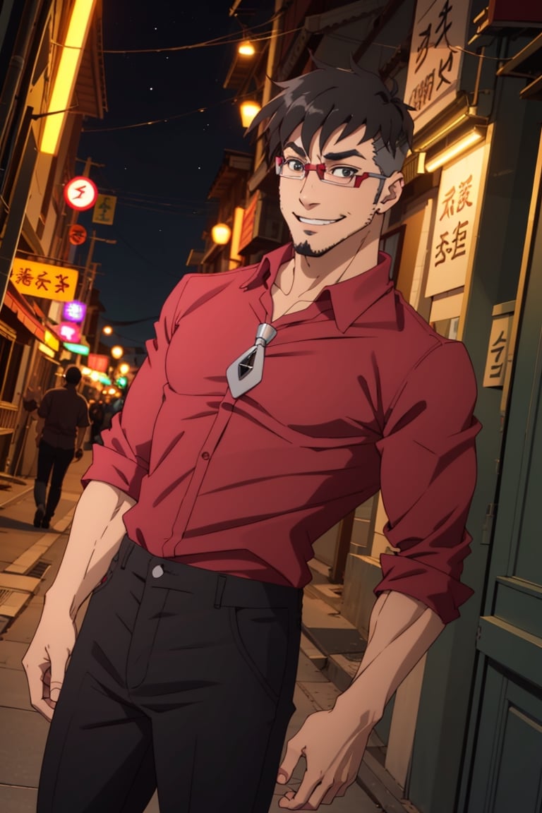 (1 image only), solo male, Jay Chiang, Great Pretender Razbliuto, Asian, Taiwanese, Taipei city, night alley, 2d, anime, flat, black hair, short hair, high fade, goatee, thick eyebrows, brown eyes, silver glasses, (red collared shirt:1.7), (silver necktie, black vest), red sleeves, sleeves rolled up, black pants, black shoes, smile, mature, handsome, charming, alluring, standing, upper body, perfect anatomy, perfect proportions, (best quality, masterpiece), (perfect eyes:1.2), perfect hands, high_resolution, dutch angle, cowboy shot