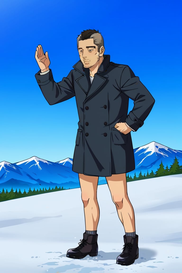 source_anime , anime coloring,  Toshiyuki Kadokura, GKToshiyuki, two-tone hair, black/grey hair, short hair, black eyes, thick eyebrows. bags under eyes, long sideburns, facial hair, stubble, Toshiyuki_outfit05, naked coat, black trench coat, open coat, bottomless, bare calves, legs hair, grey socks, black shoes, simple background, outdoor, nature, snow, winter, mountain
