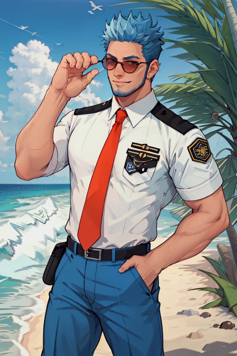 (1 image only), solo male, Wilbur, Animal Crossing, personification, pure blue hair, short hair, black eyes, blue facial hair, jawline stubble, aviation pilot uniform, white collor shirt, red necktie, epaulette, aviator sunglasses, blue pants, socks, black footwear, bandaid on nose, mature, dilf, bara, handsome, charming, alluring, grin, standing, upper body, hand in pocket, perfect anatomy, perfect proportions, (best quality, masterpiece), (perfect eyes, perfect eye pupil), perfect hands, high_resolution, dutch angle, cowboy shot, seaside, summer