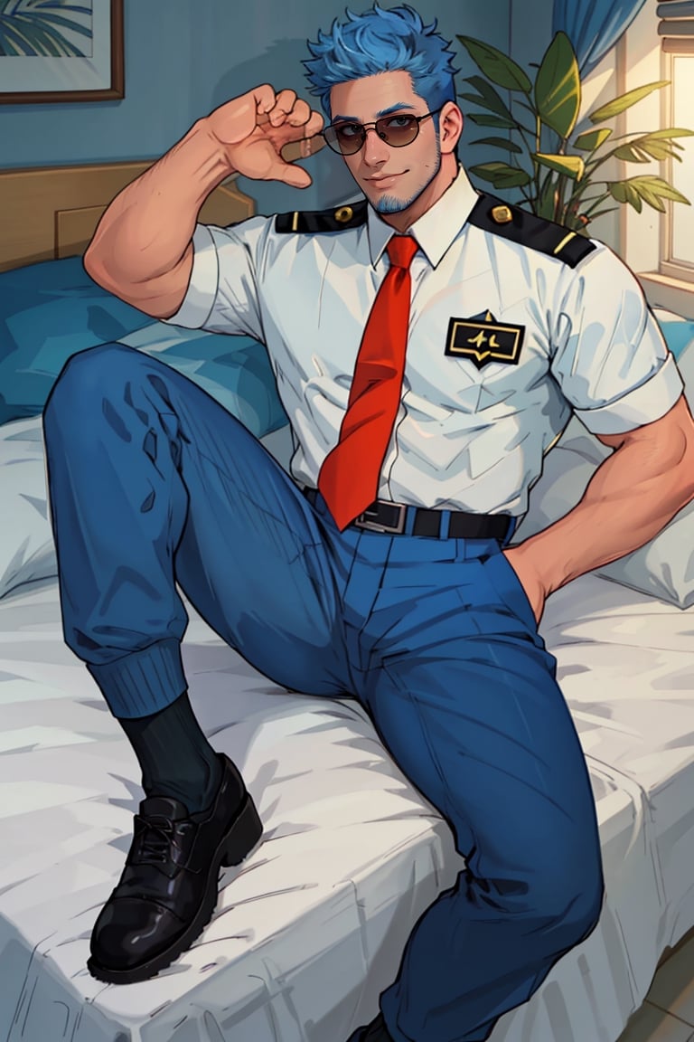 (1 image only), solo male, Wilbur, Animal Crossing, personification, pure blue hair, short hair, black eyes, blue facial hair, jawline stubble, aviation pilot uniform, white collor shirt, red necktie, epaulette, aviator sunglasses, blue pants, socks, black footwear, mature, bara, handsome, charming, alluring, grin, laying on bed, on back, arm rised, perfect anatomy, perfect proportions, (best quality, masterpiece), (perfect eyes, perfect eye pupil), perfect hands, high_resolution, indoor, perfect light