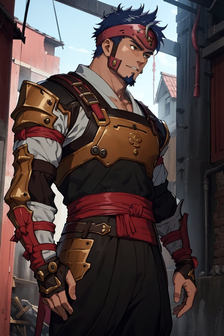 solo male, Kibito Araka, Kabaneri of the Iron Fortress, short hair, dark blue hair, brown-golden  eyes, goatee, muscular build, tall, bushi armor, Armored Skirt Haidate, orange plated cuirass, padded sleeves, khaki pants, brown gauntlet, fingerless gauntlet, purple armored faceplate, black puttee, sandals, mature, handsome, charming, alluring, standing, upper body, perfect anatomy, perfect proportions, best quality, masterpiece, high_resolution, dutch angle, cowboy shot, photo background