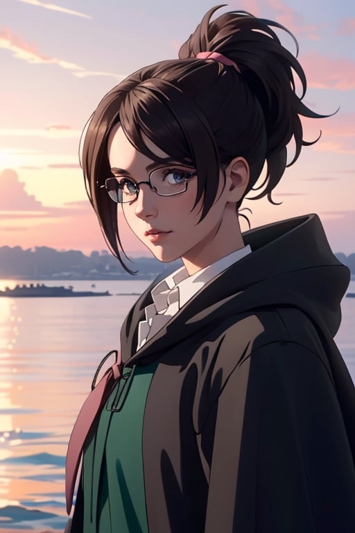 1 girl, HangeAOT, dark brown hair, messy ponytai, light brown eyes, pure white collared shirt, (green scouts cloak), glasses, (black eye patch on left eye), fit body, charming, alluring, (standing), (upper body in frame), simple background, endless ocean, pink cloudy sky, dawn, 1910s harbor, only1 image, perfect anatomy, perfect proportions, perfect perspective, 8k, HQ, (best quality:1.5, hyperrealistic:1.5, photorealistic:1.4, madly detailed CG unity 8k wallpaper:1.5, masterpiece:1.3, madly detailed photo:1.2), (hyper-realistic lifelike texture:1.4, realistic eyes:1.2), picture-perfect face, perfect eye pupil, detailed eyes, realistic, HD, UHD, (front view, symmetrical picture, vertical symmetry:1.2), look at viewer