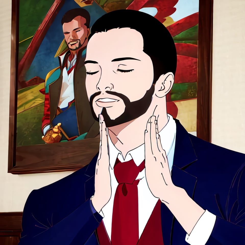 Highly detailed, High Quality, Masterpiece, beautiful, FeelsGood, closed eyes, 1boy, solo,  Maeda, black hair, short hair, black eyes, facial hair, white collared shirt, red necktie, dark blue vest, dark blue jacket, realistic
