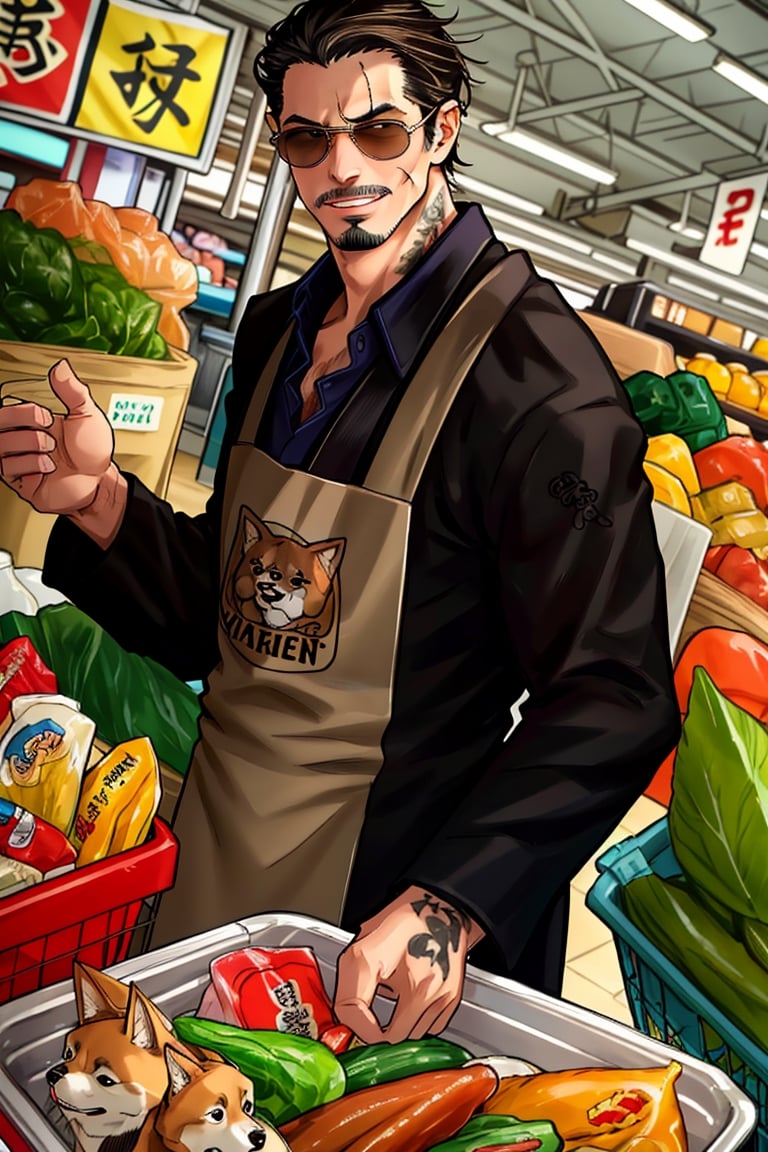 solo male, Tatsu, Japanese, househusband, yakuza, tattoos on body, black hair, slicked back hair, facial hair, dark brown eyes, scar on face, casual-formal wear, dark collared shirt, black jacket, long sleeves , black pants, cream-colored apron with Shiba Inu print, aviator sunglasses, black shoes, toned male, mature, handsome, charming, alluring, grin, standing, upper body, perfect anatomy, perfect proportions, best quality, masterpiece, high_resolution, dutch angle, cowboy shot, photo background, grocery store