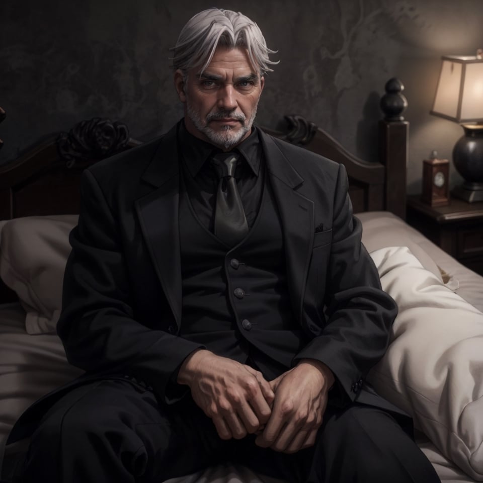 (solo man), male focus, Sebas Tian, old man, hair_slicked, grey eyes, grey hair, grey beard, black tailcoat, black collared shirt ,gray necktie, white glove, long sleeves, arm rised, upper body, (lying on bed, on back, spread legs), masculine, handsome, charming, alluring, blush, perfect eyes, perfect anatomy, perfect proportions, perfecteyes