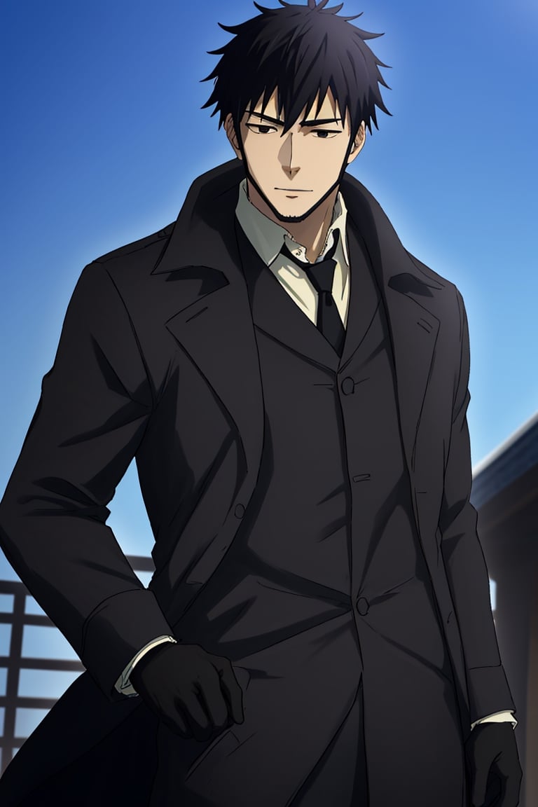 (1 image only), solo male, Genma Shizume, Darker than Black, Asian, Japanese, black hair, chinstrap beard, sideburns, black eyes, (white collared shirt, black neckti, black jacket, brown overcoat, open overcoat), black pants, black gloves, mature, handsome, charming, allurin, smile, standing, upper body, perfect anatomy, perfect proportions, (best quality, masterpiece, high_resolution), perfect eyes, dutch angle, cowboy shot  