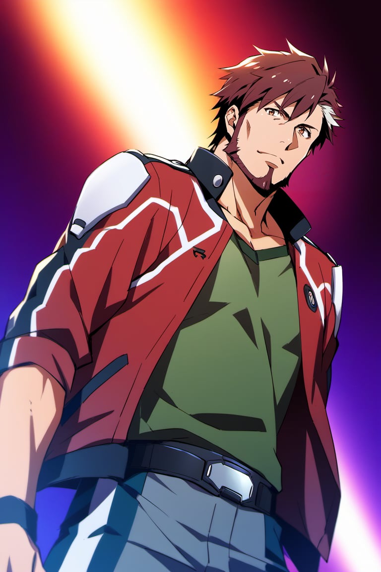 score_9, score_8_up, score_7_up, score_6_up, source_anime\(Macross Δ\), perfect anatomy, perfect proportions, best quality, masterpiece, high-resolution, high quality, aesthetic, absurdres, (male focus), solo male, Arad Mölders, brown hair, two-tone hair, streaked hair, sideburns, brown eyes, facial hair, chinstrap beard, jawline beard, green undershirt, Arad's jacket\(Macross Δ\), red jacket, open jacket, long sleeves, grey pants, two-tone pants, tactical kneepads, adult, mature, masculine, manly, handsome, charming, alluring, standing, upper body, dutch angle, cowboy shot, from below, feet out of frame
