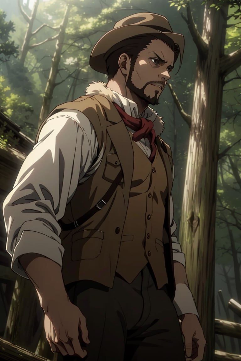 solo male, Artur Braus, Attack on Titan Anime style, hunter, shaggy brown hair, hair slicked back, brown eyes, sideburns, thin beard, thin goatee, white shirt,((brown fur trim vest, close vest)), long sleeves, ((loose red cravat)), black pants, hat, middle-age, mature, handsome, charming, alluring, standing, upper body, perfect anatomy, perfect proportions, best quality, masterpiece, high_resolution, dutch angle, cowboy shot, photo background, forest
