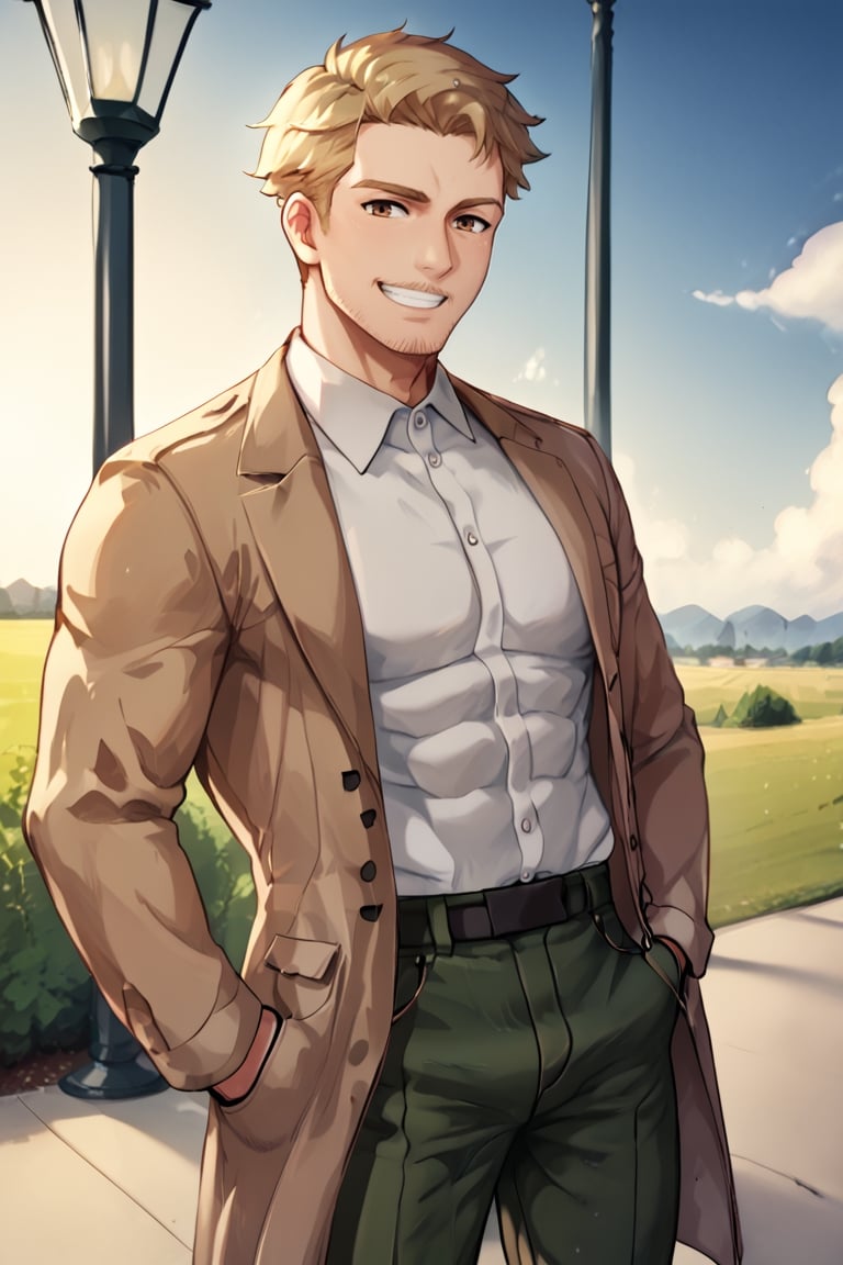 solo male, Reiner Braun, blond hair, short hair, facial hair, stubble, hazel eyes, thin eyebows, tall, fit, masculine, (pure white collared shirt:1.3), light-brown trench coat, (open coat:1.2), military dark green pants, black combat boots,  handsome, charming, alluring, standing, upper body, smile, mouth, perfect anatomy, perfect proportions, best quality, masterpiece, high_resolution, dutch angle, cowboy shot, photo background, score_9_up, historical europe ciry