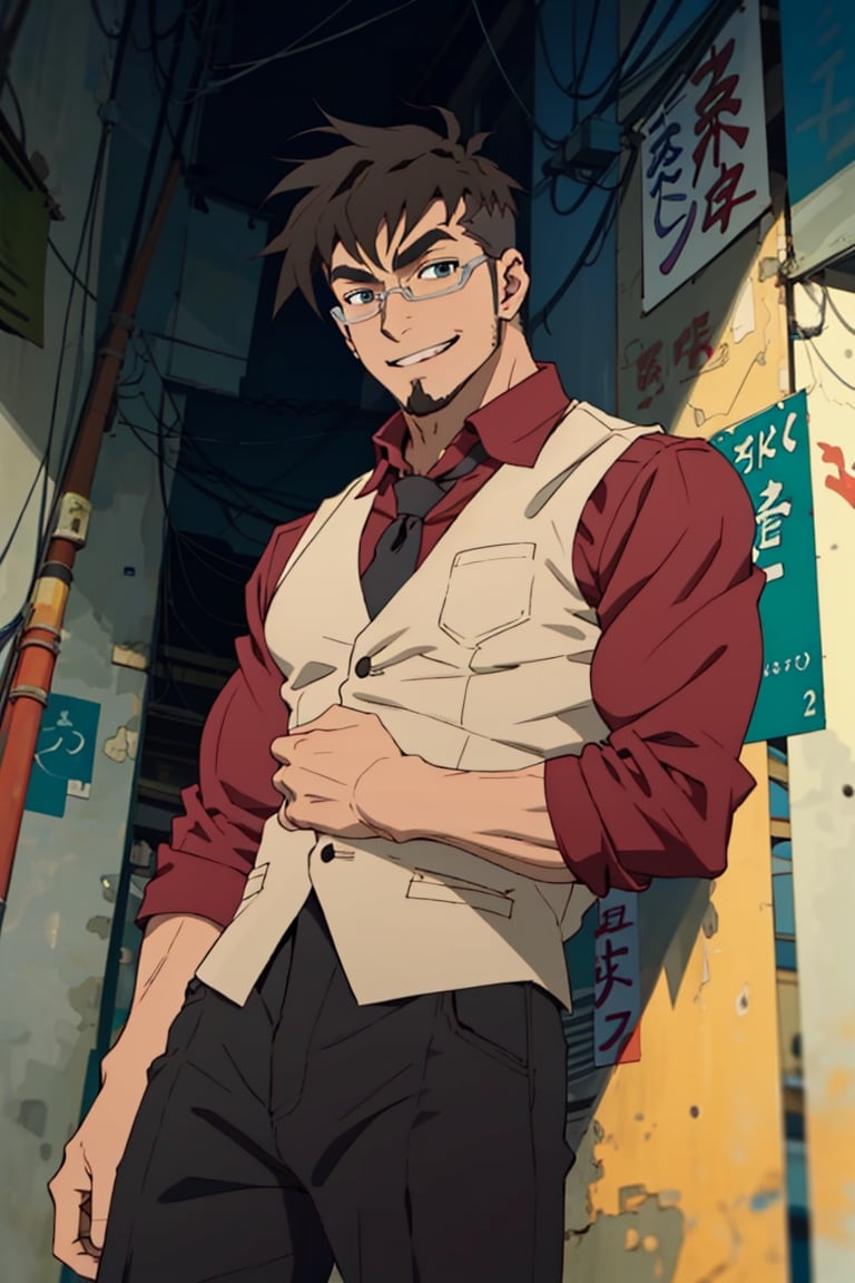 (1 image only), solo male, Jay Chiang, Great Pretender Razbliuto, Asian, Taiwanese, Taipei city, alley, 2d, anime, flat, black hair, short hair, high fade, goatee, thick eyebrows, brown eyes, silver glasses, (pure red collared shirt, red sleeves rolled up), necktie, vest, , pants, socks, leather shoes, smile, mature, handsome, charming, alluring, standing, upper body, perfect anatomy, perfect proportions, (best quality, masterpiece), (perfect eyes:1.2), perfect hands, high_resolution, dutch angle, cowboy shot