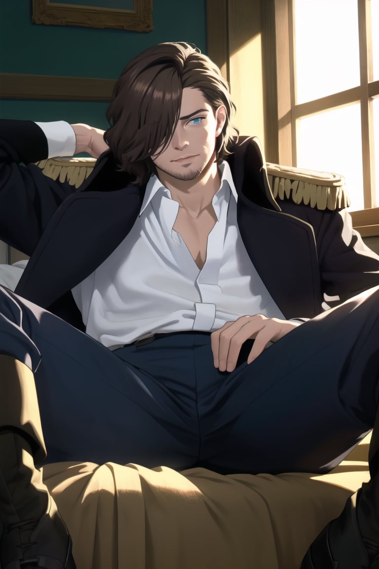 (human:1.2), highres, masterpiece, high quality, (high resolution:1.2), 1guy, solo, (Graf Granatbrown hair, brown hair, hair parted to one side, facial hair, stubble, blue eyes, sanpaku, hair over one eye), white collared shirt, exposed shirt, black pants, matching boots. dark blue coat, open coat, (coat over shoulders), gold epaulettes, muscular, sitting on bed, legs up, spread eagle position, lying back, body, (day, palace), looking at viewer, innocent face, depth of field, bokeh, detailed, highly detailed, sharp focus, intricate, smooth, elegant, fantasy, cinematic lighting, cinematic, masterpiece, matte, photorealistic, 4k, beautiful, volumetric lighting, dramatic, Gayspreadeagle,Granat