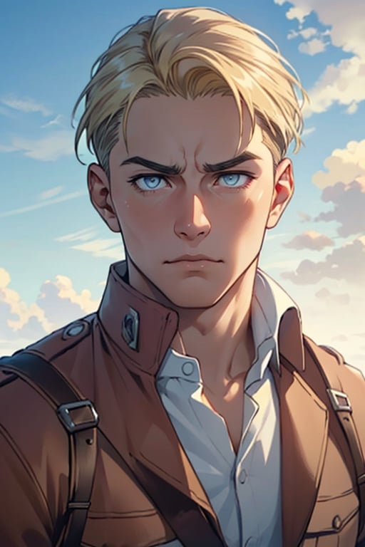 erwin_smith, blonde hair, icy blue eyes, thick eyebrows, AttackonTitan, scout regiment uniform, fit body, 39 years old, mature, dilf, charming, alluring, dejected, depressed, sad, calm eyes, (standing), (upper body in frame), simple background, green plains, grey blue cloudy sky, dawn, only1 image, perfect anatomy, perfect proportions, perfect perspective, 8k, HQ, (best quality:1.5, hyperrealistic:1.5, photorealistic:1.4, madly detailed CG unity 8k wallpaper:1.5, masterpiece:1.3, madly detailed photo:1.2), (hyper-realistic lifelike texture:1.4, realistic eyes:1.2), picture-perfect face, perfect eye pupil, detailed eyes, realistic, HD, UHD, (front view, symmetrical picture, vertical symmetry:1.2), look at viewer