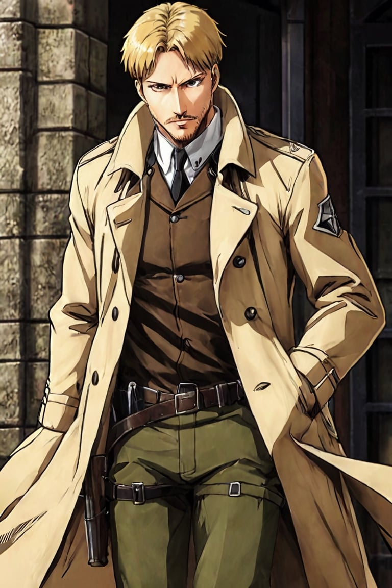 solo male, Reiner Braun, Attack on Titan, blond hair, short hair, facial hair, stubble, hazel eyes, tall, Marleyan soldier uniform, (white collared shirt), light-brown trench coat, (open coat:1.1), military green pants, black combat boots,  handsome, charming, alluring, standing, upper body, perfect anatomy, perfect proportions, best quality, masterpiece, high_resolution, dutch angle, cowboy shot, photo background