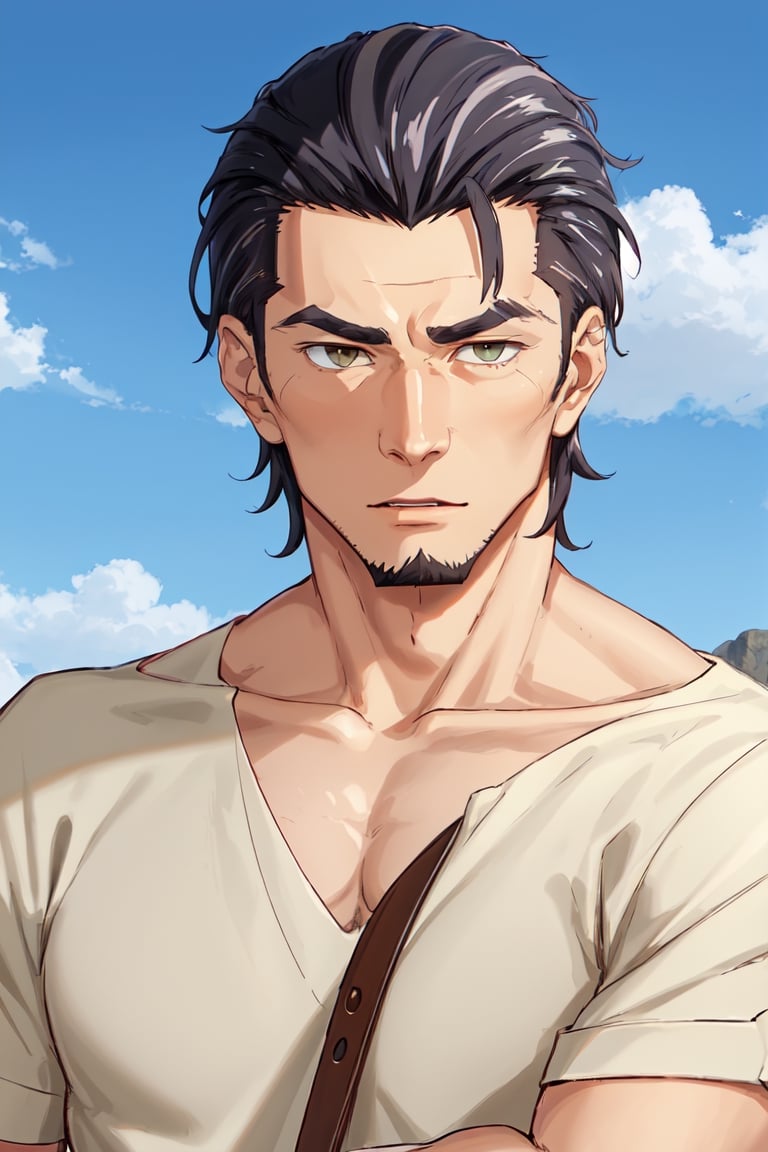 (1 image only), solo male, Kaburagi, Deca Dence, greying black hair, slicked back hair, thick eyebrows, sideburns, goatee, green eyes, scar, tucked-in wide necked short-sleeved white shirt, sleeves tucked up and buttoned, short sleeves, olive wide worker pants, black belt tied, brown boots. simplpe leather bracelet, toned male, mature, handsome, charming, alluring, (portrait, close-up), perfect anatomy, perfect proportions, best quality, masterpiece, high_resolution, dutch angle, outdoors, day, blue sky, science fiction, citadel on sky, photo background, (bare neck, collarbone:1.3)