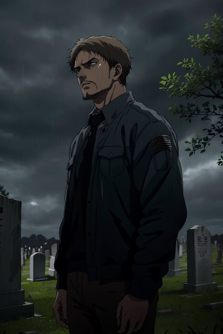 solo male, Artur Braus, Attack on Titan Anime style, shaggy brown hair, brown eyes, sideburns, stubble, white collared shirt, black necktie, (black jacket, close jacket, buttoned jacket), long sleeves, black pants, middle-age, mature, handsome, charming, alluring, standing, upper body, perfect anatomy, perfect proportions, best quality, masterpiece, high_resolution, cowboy shot, photo background, green field graveyard, rainy, sad, haggard, calm
