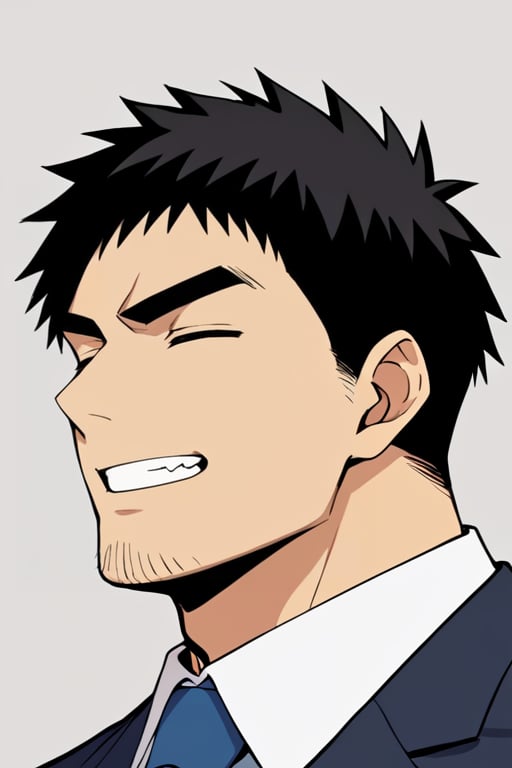 score_9, score_8_up, score_7_up, score_6_up, perfect anatomy, perfect proportions, best quality, masterpiece, high_resolution, high quality, solo male, Harumi Takeda , takeda harumi \(shiromanta\), black hair, short hair, facial hair, stubble, black eyes, thick eyebrows, (closed eyes, ^ ^), (white collared shirt), blue necktie, black pants, adult, mature, masculine, manly, handsome, charming, alluring, grin, portrait, headshot, dutch angle, view from right side 