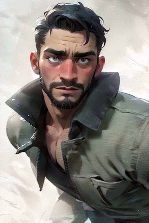David King from Dead by Daylight, British man, full body with head inside the screen, show face, standing, (MkmCut),handsome male, rugged man, Rugged Scrapper, short hair, crew cut, black hair, light and thin stubble, fit body,
white button shirt, black Harrington Jacket, black Cargo Trousers, Roll Up Jacket Sleeves, 
virile, sexy, charming, alluring, seductive,  erotic, enchanting, masculine, 
8k, HQ, photorealistic, masterpiece:1.5, beautiful lighting, best quality, realistic, real image, intricate details, everything in razor sharp focus, perfect focus, perfect face, extremely handsome, Photograph, masterwork, supreme resolution, 32K, ultra-defined,(1man), in dark forest, creep, campfire,