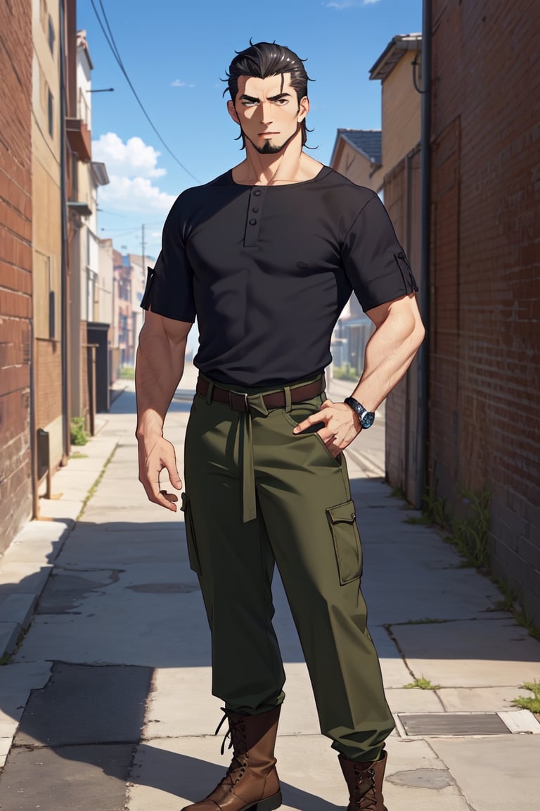 (1 image only), solo male, Kaburagi, Deca Dence, greying black hair, slicked back hair, thick eyebrows, sideburns, goatee, green eyes, scar, tucked-in wide necked short-sleeved white shirt, sleeves tucked up and buttoned, short sleeves, olive wide worker pants, black belt tied, brown boots. simplpe leather bracelet, toned male, mature, handsome, charming, alluring, standing, hand on waist, perfect anatomy, perfect proportions, best quality, masterpiece, high_resolution, dutch angle, outdoors, day, blue sky, science fiction, citadel on sky, photo background, better_hands, (perfect hand, perfect fingers:1.4)