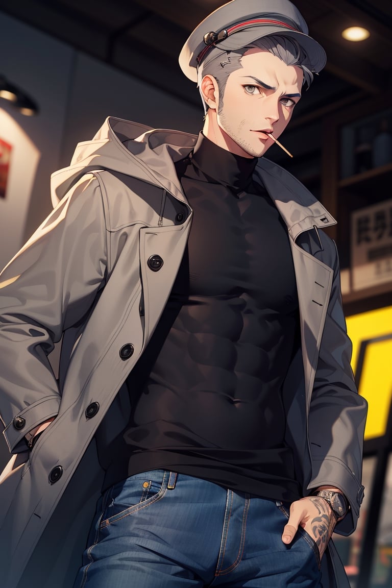(1 image only), solo male, Munehisa Iwai,  Persona, Asian ,Japanese, Weapons Dealer, grey hair, short hair, stubble, grey eyes, sideburns, a tattoo of a gray-colored gecko on the left side of his neck, gray pin-striped hat with yellow ear defenders, black turtleneck sweater, long gray coat, open coat, coat hood down, simple blue jeans, black leather boots, mature, handsome, charming, alluring, lollipop in his mouth, standing, upper body, perfect anatomy, perfect proportions, (best quality, masterpiece), (perfect eyes), high_resolution, dutch angle, cowboy shot  ,Munehisa Iwai