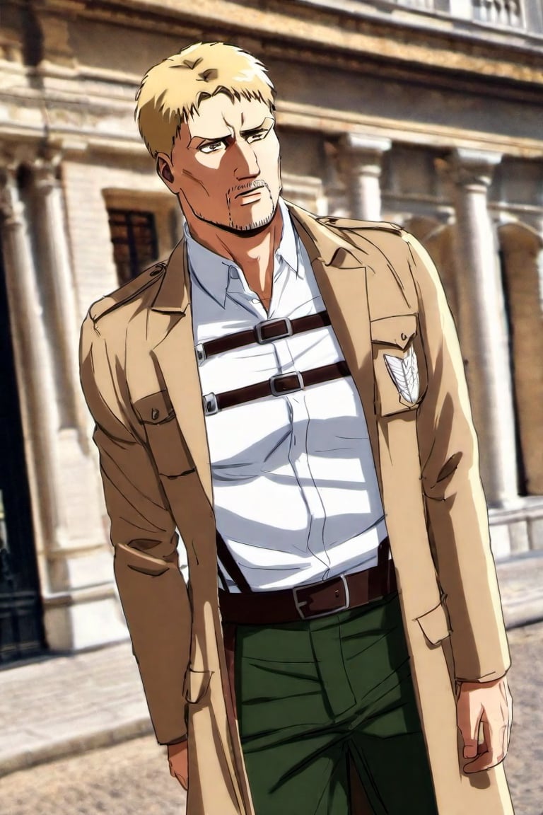 solo male, Reiner Braun, Attack on Titan, blond hair, short hair, facial hair, stubble, hazel eyes, tall, Marleyan soldier uniform, (white collared shirt), light-brown trench coat, (open coat:1.1), military green pants, black combat boots,  handsome, charming, alluring, standing, upper body, perfect anatomy, perfect proportions, best quality, masterpiece, high_resolution, dutch angle, cowboy shot, photo background