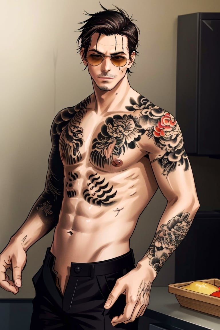 solo male, Tatsu, Japanese, househusband, yakuza, tattoos on body, black hair, slicked back hair, stubble, dark brown eyes, scar on face, topless, bare neck, bare shoulder, bare arms, bare waist, black pants, (aviator sunglasses), black shoes, toned male, mature, handsome, charming, alluring, smirk, upper body, perfect anatomy, perfect proportions, best quality, masterpiece, high_resolution, dutch angle, photo background, modern kitchen, YakuzaTattoo, (perfect hands, perfect fingers:1.3)