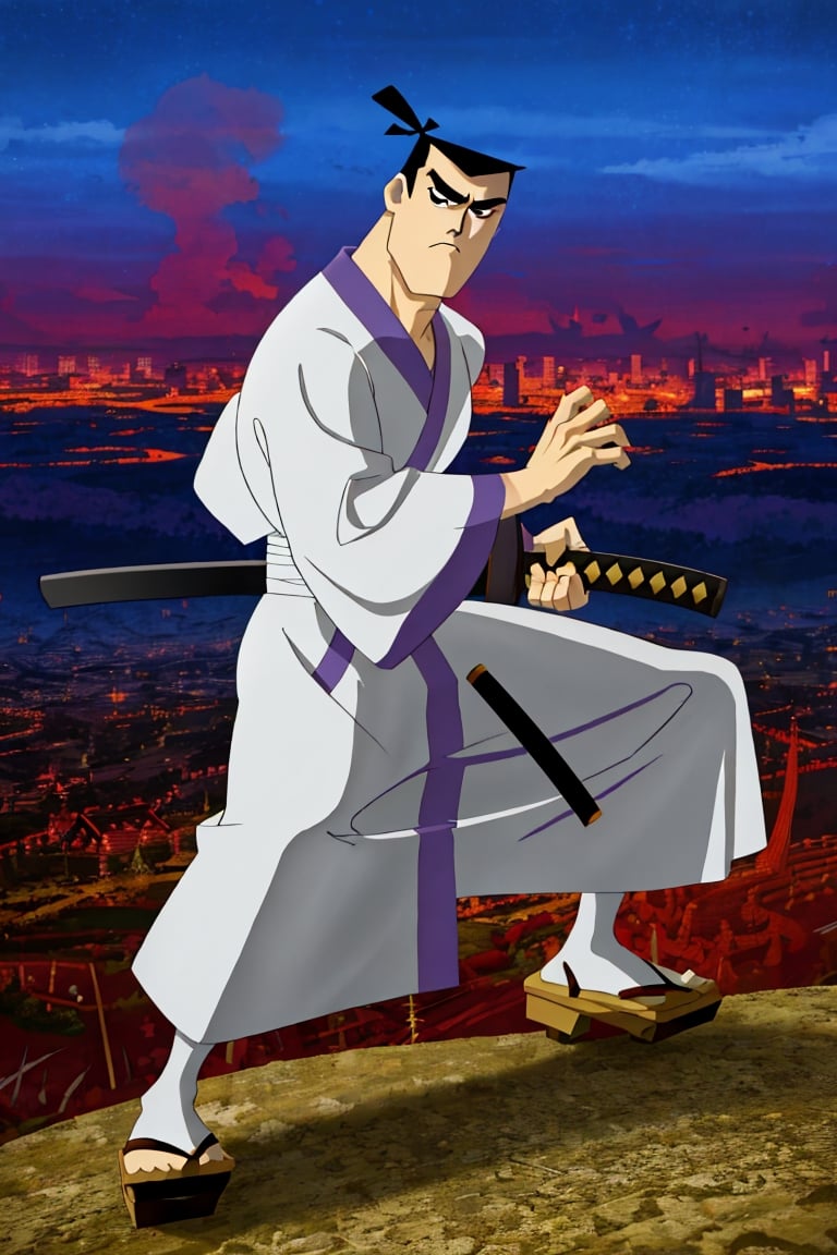 (1 image only), solo male, Samurai Jack, Cartoon Network style, Asian, Japanese, intense gaze, black hair, short topknot, black eyes, geta, white kimono, white sashes, wide sleeves, mature, handsome, charming, alluring, uperfect anatomy, perfect proportions, (best quality, masterpiece), (perfect hands), high_resolution, dutch angle, cowboy shot, fine art, (2d, flat), (single placket),  fighting_stance, holding sword, (perfect sword), battoujutsu, red and black cityscape