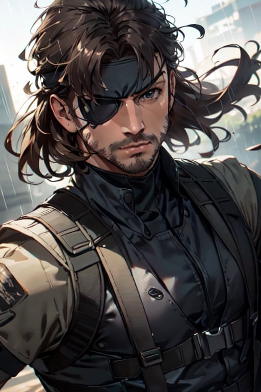 (1 image only), solo male, 1boy, Big Boss, Metal Gear Solid, bslue eyes, brown hair, facial hair, (eyepatch, grey headband), sneaking suit, handsome, mature, charming, alluring, upper body in frame, perfect anatomy, perfect proportions, 8k, HQ, (best quality:1.2, hyperrealistic:1.2, photorealistic:1.2, masterpiece:1.3, madly detailed photo:1.2), (hyper-realistic lifelike texture:1.2, realistic eyes:1.2), high_resolution, perfect eye pupil, dutch angle, dynamic, action, raining