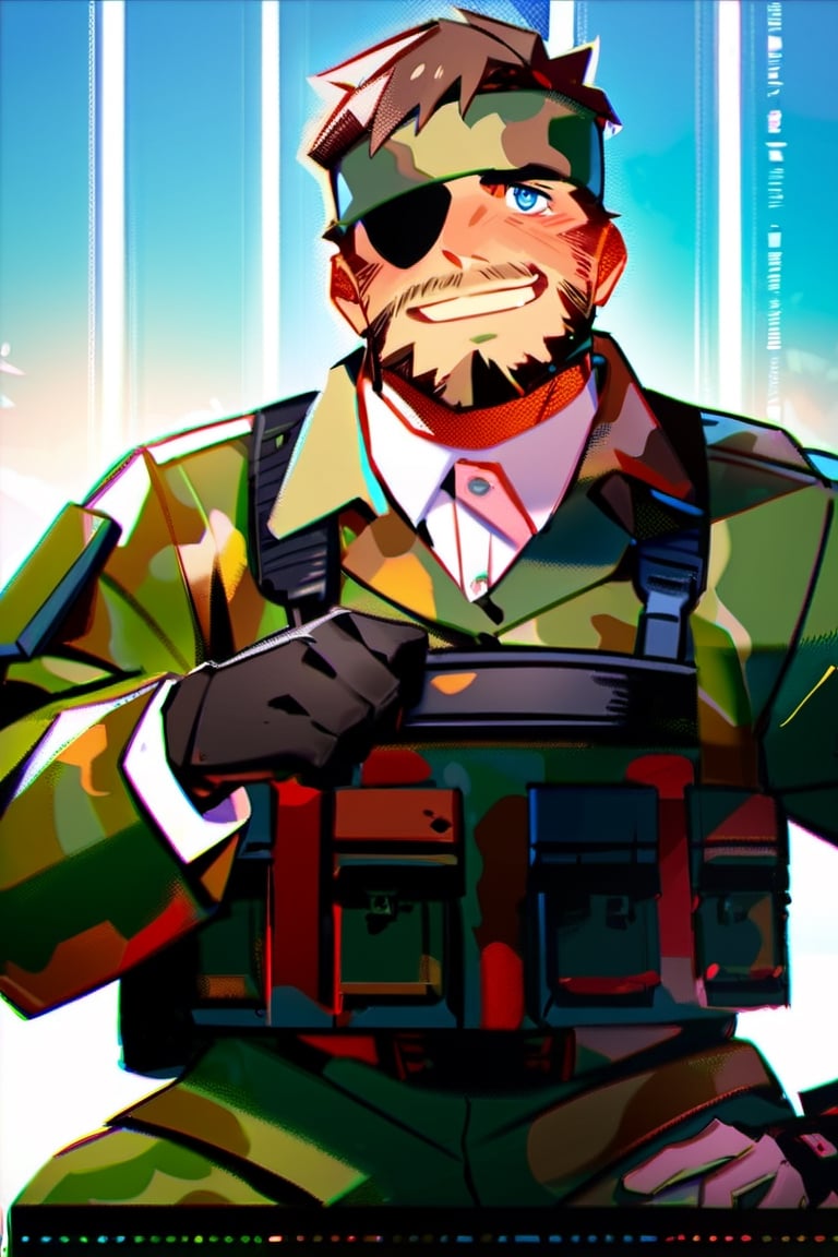 Gay man,  score_9,score_8_up,score_7_up, male receiver Big Boss, blue eyes, left eyepatch, brown hair, facial hair, full beard, (camo fatigues, camo collared shirt, camo uniform fatigues), camo pants, gloves, military harness, belt, perfect anatomy, kneeling, blush, smirk, awkward, innocent face, look up, spread legs,masterpiece, hands on knee,cartoon