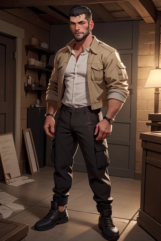 David King from Dead by Daylight, British man, full body inside the screen, standing, (MkmCut),handsome male, rugged man, Rugged Scrapper, short hair, crew cut, black hair, light stubble, fit body,
white button shirt, black Harrington Jacket, black Cargo Trousers, Roll Up Jacket Sleeves, 
virile, sexy, charming, alluring, seductive,  erotic, enchanting, masculine, 
8k, HQ, photorealistic, masterpiece:1.5, beautiful lighting, best quality, realistic, real image, intricate details, everything in razor sharp focus, perfect focus, perfect face, extremely handsome, Photograph, masterwork, supreme resolution, 32K, ultra-defined,(1man)