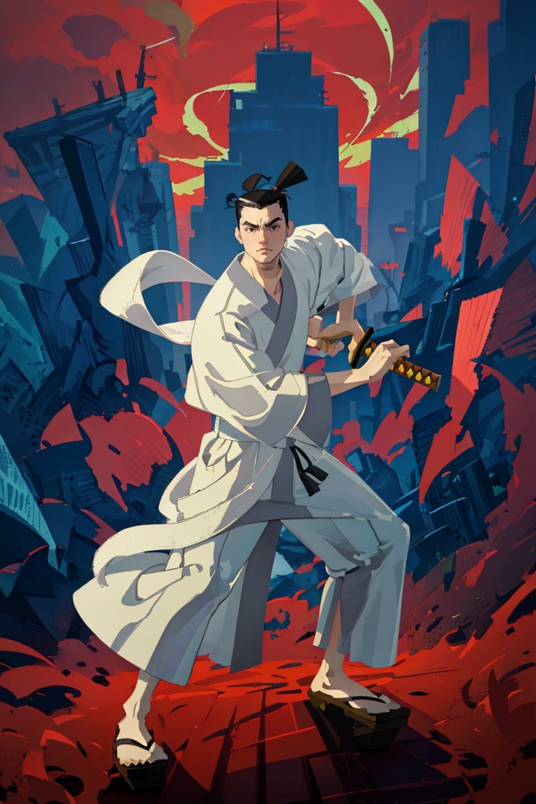 (1 image only), solo male, Samurai Jack, Cartoon Network style, Asian, Japanese, intense gaze, black hair, short topknot, single topknot, black eyes, geta, white long kimono, white sashes, wide sleeves, mature, handsome, charming, alluring, uperfect anatomy, perfect proportions, (best quality, masterpiece), (perfect hands), high_resolution, dutch angle, cowboy shot, fine art, (2d, flat), (single placket),  fighting_stance, holding sword, (perfect sword), battoujutsu, red and black cityscape,Flat Illustration