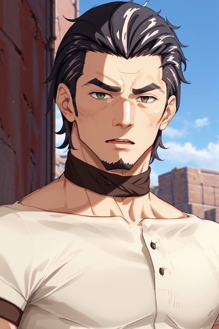 (1 image only), solo male, Kaburagi, Deca Dence, greying black hair, slicked back hair, thick eyebrows, sideburns, goatee, green eyes, scar, tucked-in wide necked short-sleeved white shirt, sleeves tucked up and buttoned, short sleeves, olive wide worker pants, black belt tied, brown boots. simplpe leather bracelet, toned male, mature, handsome, charming, alluring, (portrait, close-up), perfect anatomy, perfect proportions, best quality, masterpiece, high_resolution, dutch angle, outdoors, day, blue sky, science fiction, citadel on sky, photo background, (bare neck:1.5)