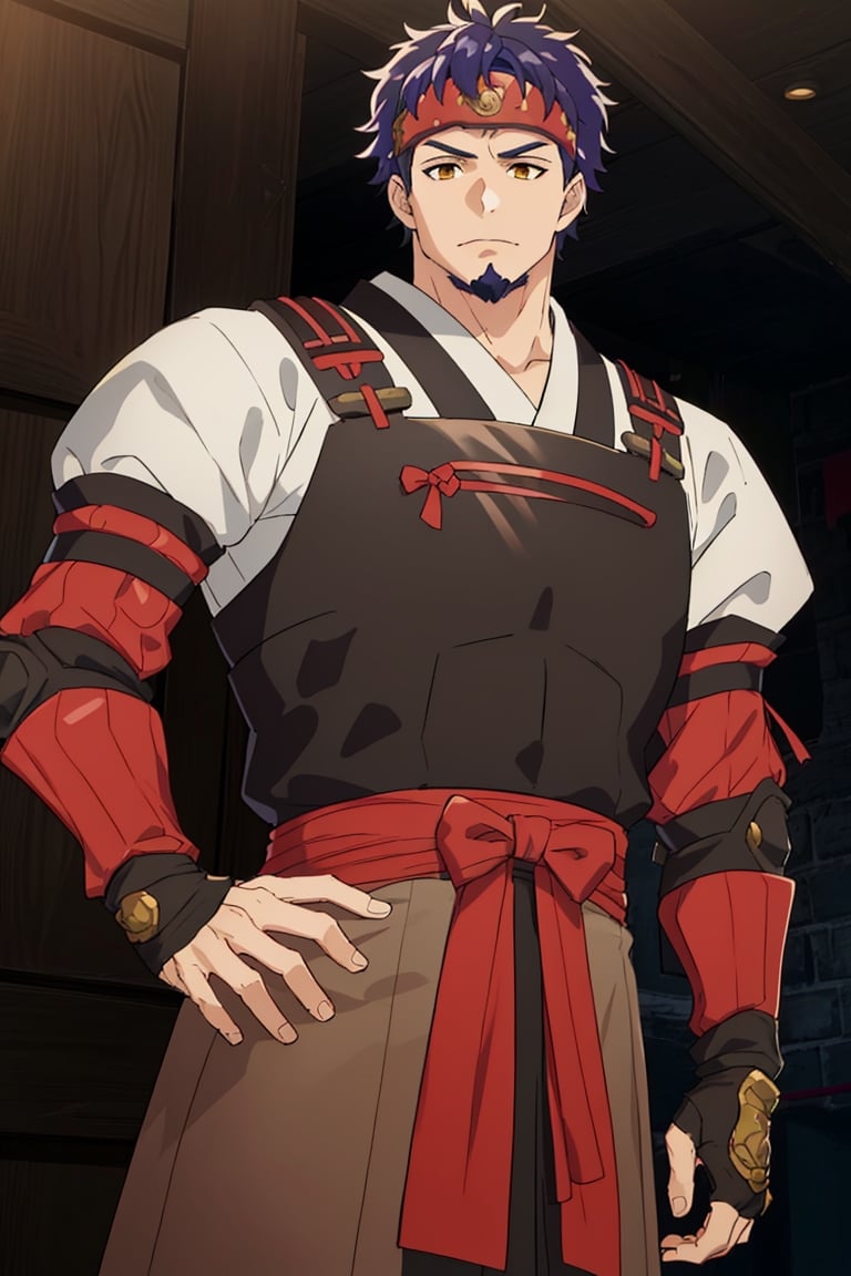 solo male, Kibito Araka, Kabaneri of the Iron Fortress, short hair, dark blue hair, brown-golden eyes, goatee, muscular build, tall, samurai armor, white Juban \(kimono\)
, (orange Haidate \(armored Skirt\)), orange plated cuirass, red waistband, padded sleeves, khaki pants, brown gauntlet, fingerless gauntlet, purple armored faceplate, black puttee, sandals, mature, handsome, charming, alluring, standing, upper body, perfect anatomy, perfect proportions, best quality, masterpiece, high_resolution, dutch angle, cowboy shot, photo background,1boy