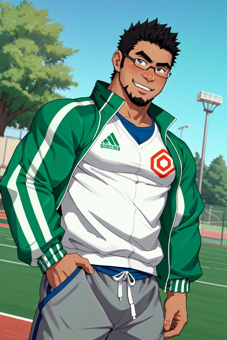 (1 image only), solo male, bara, Kyoichi Ootomo, Live A Hero, Asain, Japanese, athlete, PE teacher, short hair, black hair, green streaked hair, sideburns, black eyes, facial hair, goatee, (wore glasses), tan skin, white bandaid on nose, white t-shirt, ((pure green athletic jacket, open jacket)), grey shorts, sneakers, smile, blush, mature, handsome, charming, alluring, standing, upper body, perfect anatomy, perfect proportions, (best quality, masterpiece), (perfect eyes, perfect eye pupil), perfect hands, high_resolution, dutch angle, school sports ground,(1man),best quality