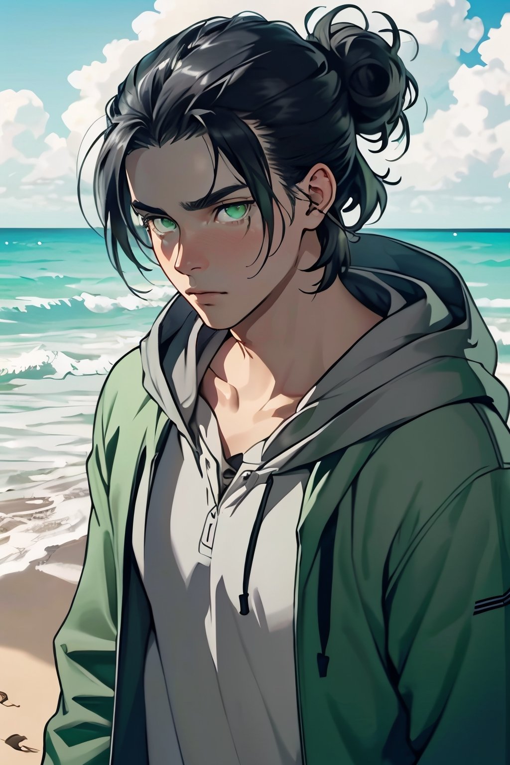 Eren Jaeger(black hair,:1.2), hair bun, (grey-green eyes:1.4), fit body, shirt, ( jacket, long sleeves, open clothes, hood, hood down), black jacket, collarbone, charming, alluring, dejected, depressed, sad, (standing), (upper body in frame), simple background(beach, sunny day, endless ocean, mid day), backlight, cloudy blue sky, perfect light, only 1 image, perfect anatomy, perfect proportions, perfect perspective, 8k, HQ, (best quality:1.5, hyperrealistic:1.5, photorealistic:1.4, madly detailed CG unity 8k wallpaper:1.5, masterpiece:1.3, madly detailed photo:1.2), (hyper-realistic lifelike texture:1.4, realistic eyes:1.2), picture-perfect face, perfect eye pupil, detailed eyes, realistic, HD, UHD, (front view, symmetry) look at viewer, tear in eyes