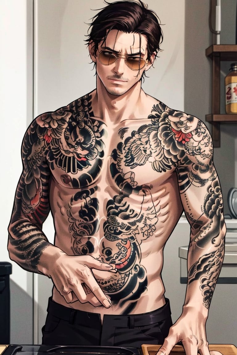 solo male, Tatsu, Japanese, househusband, yakuza, tattoos on body, black hair, slicked back hair, stubble, dark brown eyes, scar on face, topless, bare neck, bare shoulder, bare arms, bare waist, black pants, (aviator sunglasses), black shoes, toned male, mature, handsome, charming, alluring, smirk, upper body, perfect anatomy, perfect proportions, best quality, masterpiece, high_resolution, dutch angle, photo background, modern kitchen, YakuzaTattoo, (perfect hands, perfect fingers)