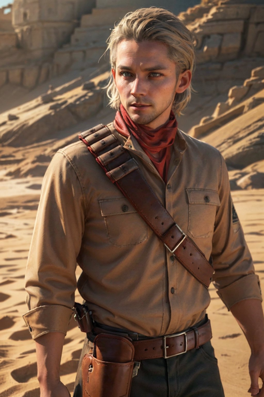 1boy, solo, Revolver Ocelot, 40 years old, grey eyes, white hair, stubble, topless, shirtless, dark brown canvas pants, knee-high cowboy boots with spurs, red gloves, brown leather bandolier, belt, holster, handsome, mature, masculine, virile, confidence, charming, alluring, upper body in frame, (Afghanistan desert:1.3), sky, perfect anatomy, perfect proportions, 8k, HQ, (best quality:1.5, hyperrealistic:1.5, photorealistic:1.4, madly detailed CG unity 8k wallpaper:1.5, masterpiece:1.3, madly detailed photo:1.2), (hyper-realistic lifelike texture:1.4, realistic eyes:1.2), high_resolution, picture-perfect face, perfect eye pupil, detailed eyes,  perfecteyes, perfecteyes, dutch angle, dynamic