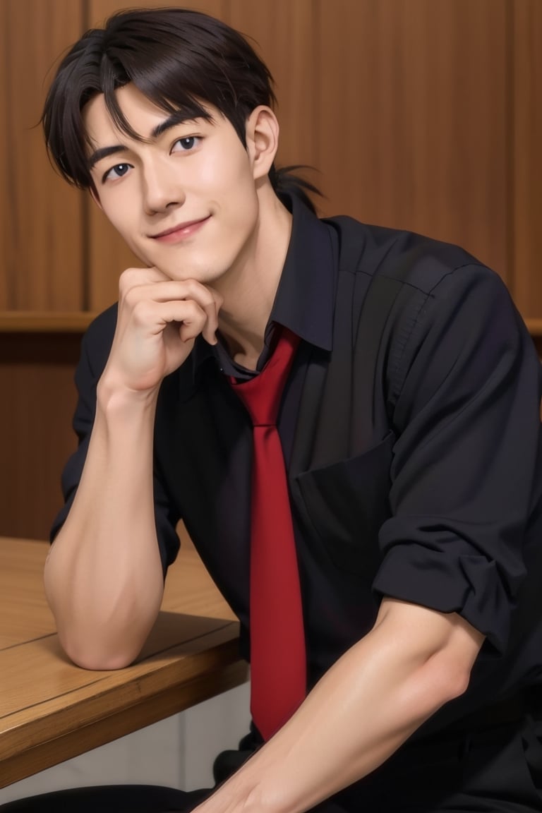 (1 image only), solo male, Ryoji Kaji, Neon Genesis Evangelion, Asian, Japanese, dark brown hair, bangs, short ponytail, dark brown eyes, thin stubble, blue collared shirt, red sleeves rolled up, necktie, black pants, smile, mature, handsome, charming, alluring, (head rest), pov, upper body, table, perfect anatomy, perfect proportions, 2D, anime, (best quality, masterpiece), ((perfect eyes, perfect eye pupil)), perfect hands, high_resolution, dutch angle