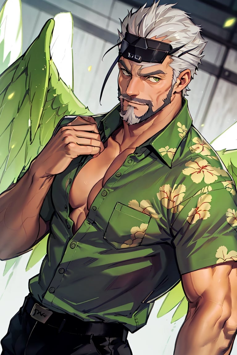 (1 image only), solo male, bara, Hogen, Tokyo Afterschool Summoners, Asain, Japanese, Tengu, old man, white hair, short hair, gold eyes, thick eyebrows, white facial hair, white beard, (bare forehead, clean forehead), tengu-geta, (untucked  shirt:1.5), (green hawaiian shirt, partially unbuttoned shirt), black pants, mature, handsome, charming, alluring, standing, upper body in frame, perfect anatomy, perfect proportions, 2D, anime, (best quality, masterpiece), (perfect eyes, perfect eye pupil), high_resolution, dutch angle, Tokyo city street, better_hands, green wings