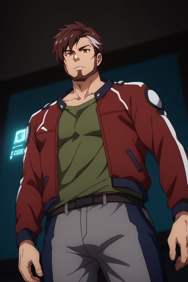 score_9, score_8_up, score_7_up, score_6_up, source_anime\(Macross Δ\), perfect anatomy, perfect proportions, best quality, masterpiece, high-resolution, high quality, aesthetic, absurdres, (male focus), solo male, Arad Mölders, brown hair, two-tone hair, streaked hair, sideburns, brown eyes, facial hair, chinstrap beard, jawline beard, green undershirt, Arad's jacket\(Macross Δ\), red jacket, open jacket, long sleeves, grey pants, two-tone pants, tactical kneepads, adult, mature, masculine, manly, handsome, charming, alluring, standing, upper body, dutch angle, cowboy shot, from below, feet out of frame, photo background, science fiction, holography display, cinematic, harmonious, bokeh, cinemascope, moody, epic, gorgeous