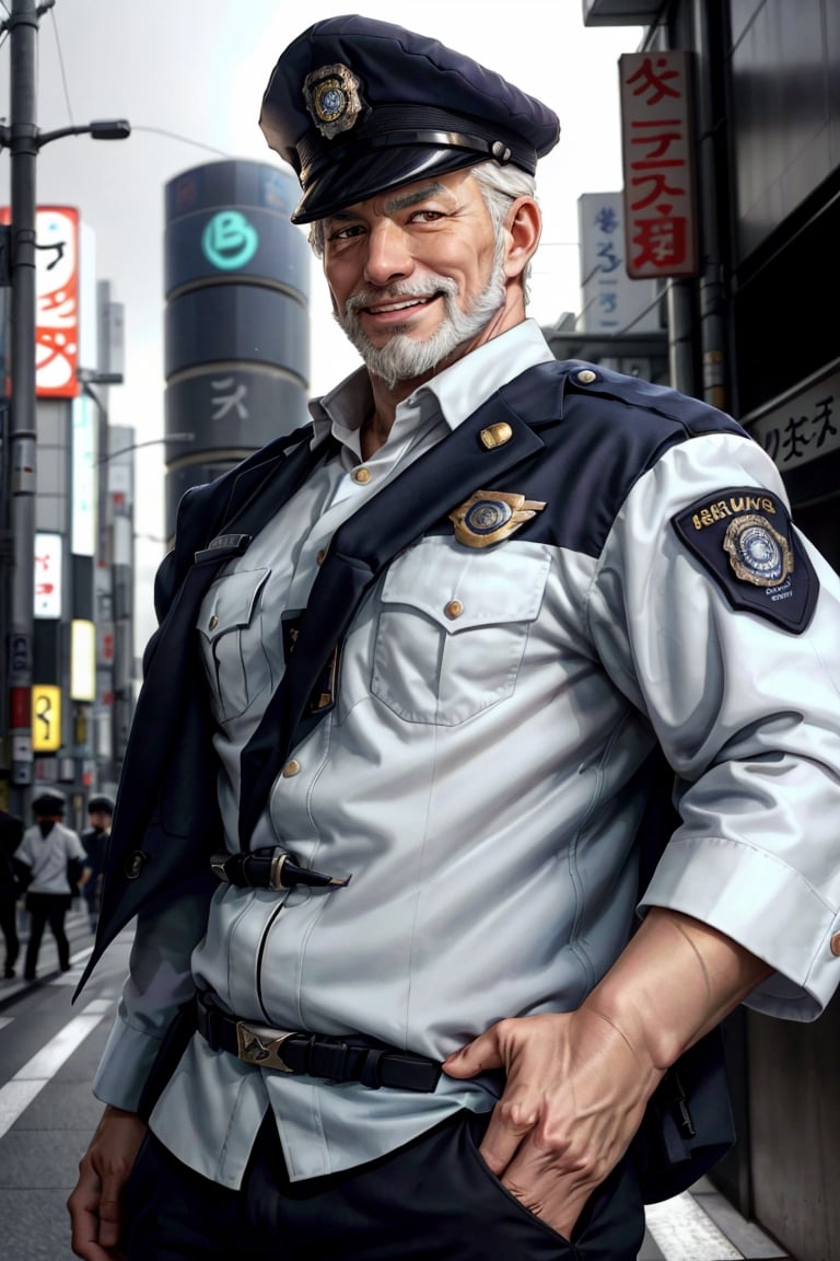 (1 image only), solo male, bara, Hogen, Tokyo Afterschool Summoners, Asain, Japanese, Tengu, old man, white hair, short hair, gold eyes, thick eyebrows, white facial hair, white beard, Japanese police uniform, Japanese police hat, pure aqua-color collared shirt, pure aqua-color sleeves, (black jacket on shoulders), grin, blush, horny, mature, handsome, charming, alluring, standing, upper body in frame, perfect anatomy, perfect proportions, 2D, anime, (best quality, masterpiece), (perfect eyes, perfect eye pupil), high_resolution, dutch angle, (Tokyo city street), better_hands, perfect fingers