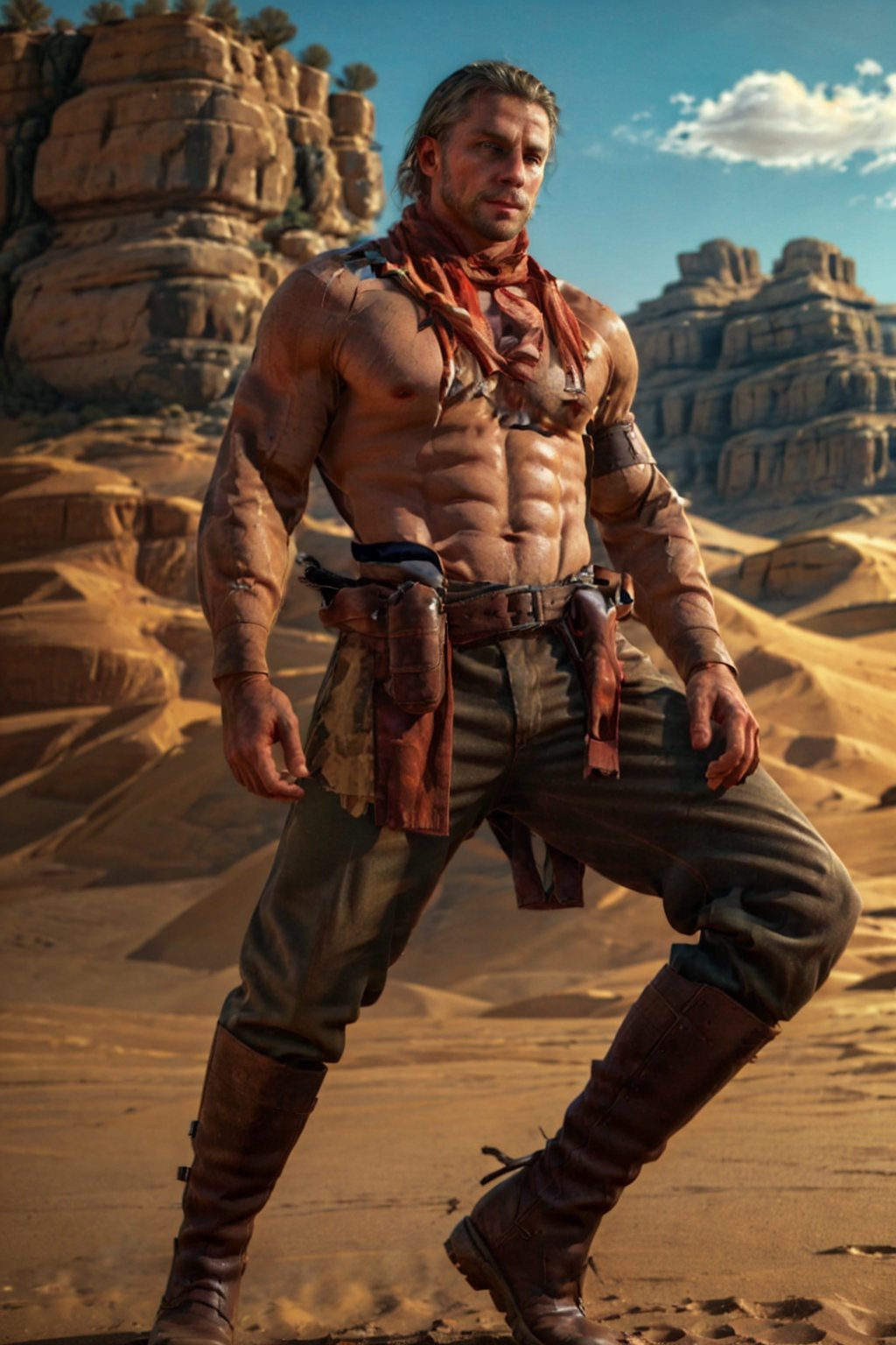 1boy, solo, Revolver Ocelot, 40 years old, grey eyes, white hair, stubble, (topless, shirtless:1.3), dark brown canvas pants, knee-high cowboy boots with spurs, red gloves, handsome, mature, masculine, virile, confidence, charming, alluring, upper body in frame, (Afghanistan desert:1.3), sky, perfect anatomy, perfect proportions, 8k, HQ, (best quality:1.5, hyperrealistic:1.5, photorealistic:1.4, madly detailed CG unity 8k wallpaper:1.5, masterpiece:1.3, madly detailed photo:1.2), (hyper-realistic lifelike texture:1.4, realistic eyes:1.2), high_resolution, picture-perfect face, perfect eye pupil, detailed eyes,  perfecteyes, perfecteyes, dutch angle, dynamic