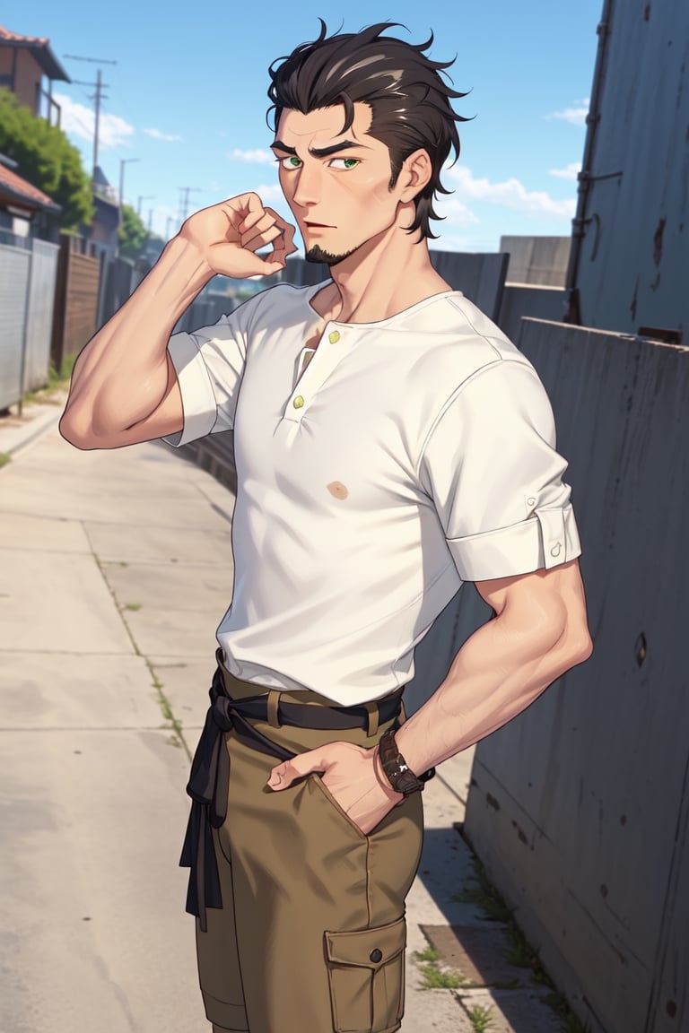 (1 image only), solo male, Kaburagi, Deca Dence, greying black hair, slicked back hair, thick eyebrows, sideburns, goatee, green eyes, scar, tucked-in wide necked short-sleeved white shirt, sleeves tucked up and buttoned, short sleeves, olive wide worker pants, brown boots. simplpe leather bracelet, toned male, mature, handsome, charming, alluring, blush, hand in pocket, perfect anatomy, perfect proportions, best quality, masterpiece, high_resolution, dutch angle, outdoors, day, blue sky, science fiction, photo background, better_hands, (perfect hand, perfect fingers:1.2)