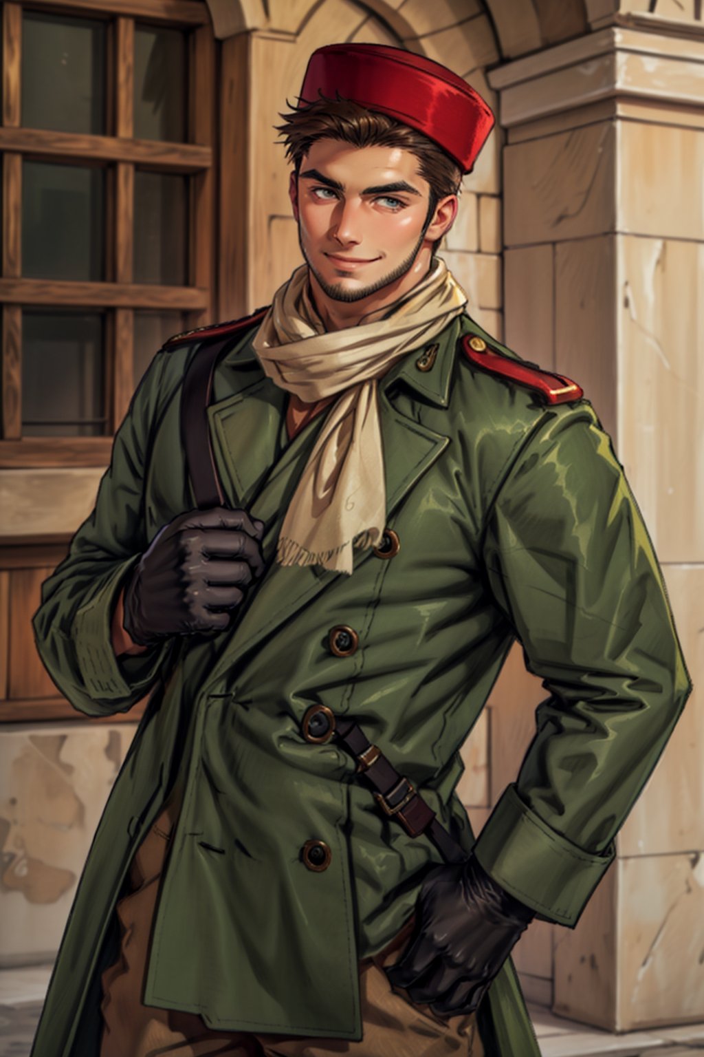 (1 image only), (solo male), 1boy, Sadik Adnan, Turkey, Hetalia: Axis Powers, Turkish male, olive-skinned, facial hair, chinstrap stubble, sideburns, brown hair, short hair, grin, (tan color scarf), (red fez hat), long green military trench coat, brown pants, knee-high boots, black gloves, handsome, mature, charming, alluring, portrait, upper body, perfect anatomy, perfect proportions, 8k, HQ, (best quality:1.2, hyperrealistic:1.2, photorealistic:1.2, masterpiece:1.3, madly detailed photo:1.2), (hyper-realistic lifelike texture:1.2, realistic eyes:1.2), high_resolution, perfect eye pupil, (standing), perfecteyes, Hagia sophia, Istanbul loction, Islamic building, better_hands, perfecteyes