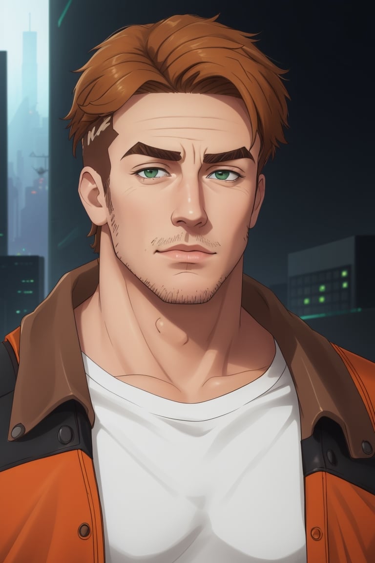 (1 image only), solo male, Gagumber, Sakugan, physical laborer worker, brown hair, two-tone hair, stubble, green eyes, thick eyebrows, (white tank top), (orange High-visibility jacket), open jacket, green work pants, black boots, black gloves, mature, handsome, charming, alluring, smirk, ((portrait, close-up)), perfect anatomy, perfect proportions, high_resolution, dutch angle, detailed background, cyberpunk city