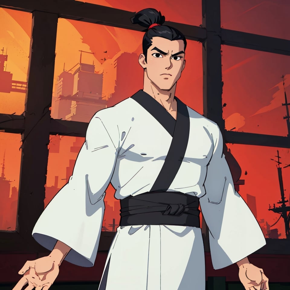 (1 image only), solo male, Samurai Jack, Cartoon Network style, Asian, Japanese, black hair, topknot, black eyes, geta, white kimono, white sashes, wide sleeves, mature, handsome, charming, alluring, standing, upper body, perfect anatomy, perfect proportions, (best quality, masterpiece), perfect hands, high_resolution, dutch angle, cowboy shot, fine art, 2d, flat, (single placket), grey placket