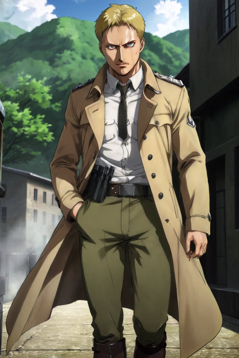 solo male, Reiner Braun, Attack on Titan, blond hair, short hair, stubble, hazel eyes, tall, Marleyan soldier uniform, white collared shirt, light-brown trench coat, (open coat:1.1), military green pants, black combat boots,  handsome, charming, alluring, standing, upper body, perfect anatomy, perfect proportions, best quality, masterpiece, high_resolution, dutch angle, cowboy shot, photo background