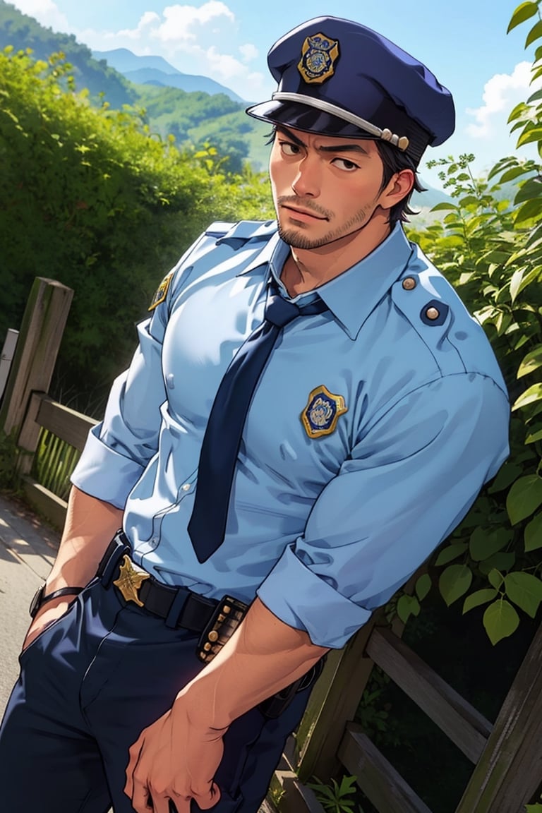 (1 image only), solo male, Agawa Daigo, Gannibal, Asian ,Japanese, black hair, short hair, stubble, black eyes, policeman, white collared shirt, dark blue necktie, black jacket, dark blue pants, black shoes, Japanese police peaked cap, mature, handsome, charming, alluring, standing, upper body, perfect anatomy, perfect proportions, (best quality, masterpiece), (perfect eyes), perfect hands, high_resolution, dutch angle, cowboy shot, rural .pastoral